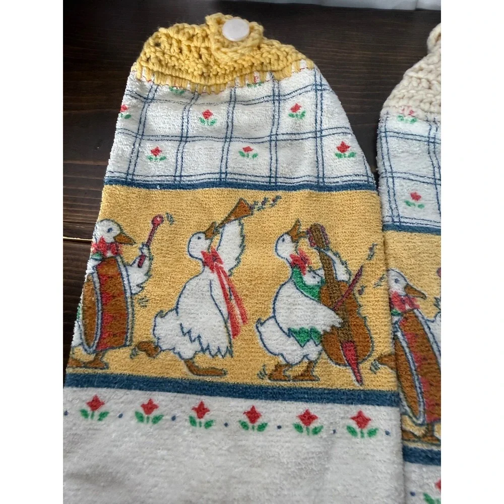 Vintage Musical Geese Hanging Kitchen Towels Set of 2 Crocheted Top Made in USA